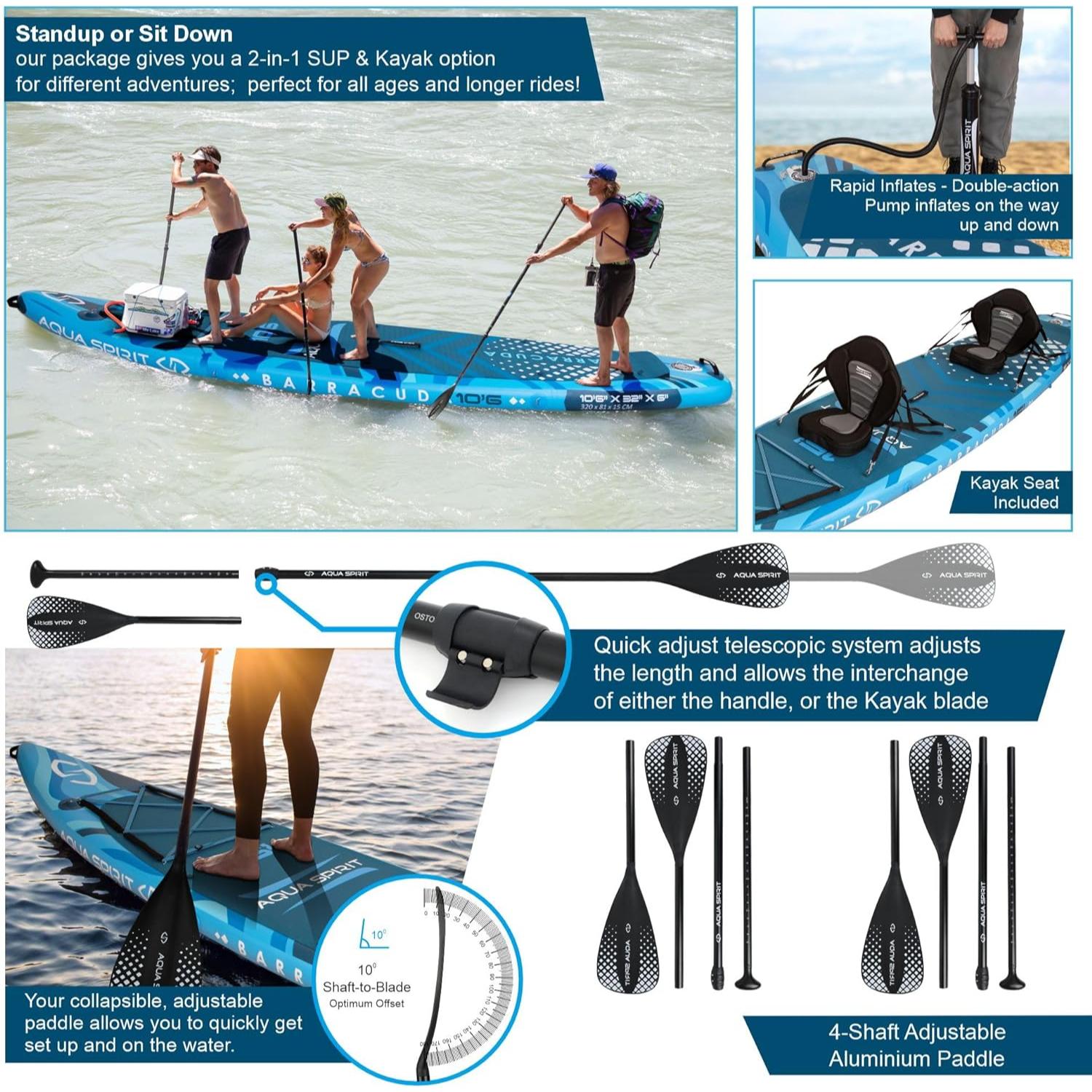 Aqua Spirit Barracuda 15’ 2 Person Tamden Inflatable Stand up Paddle Board SUP Kayak Package, 240KG Limit, 2x Seat, 2x Paddle & Kayak Blade, Pump, Go Pro Mount, Bag, Change Mat - Aqua Spirit iSUPs UK