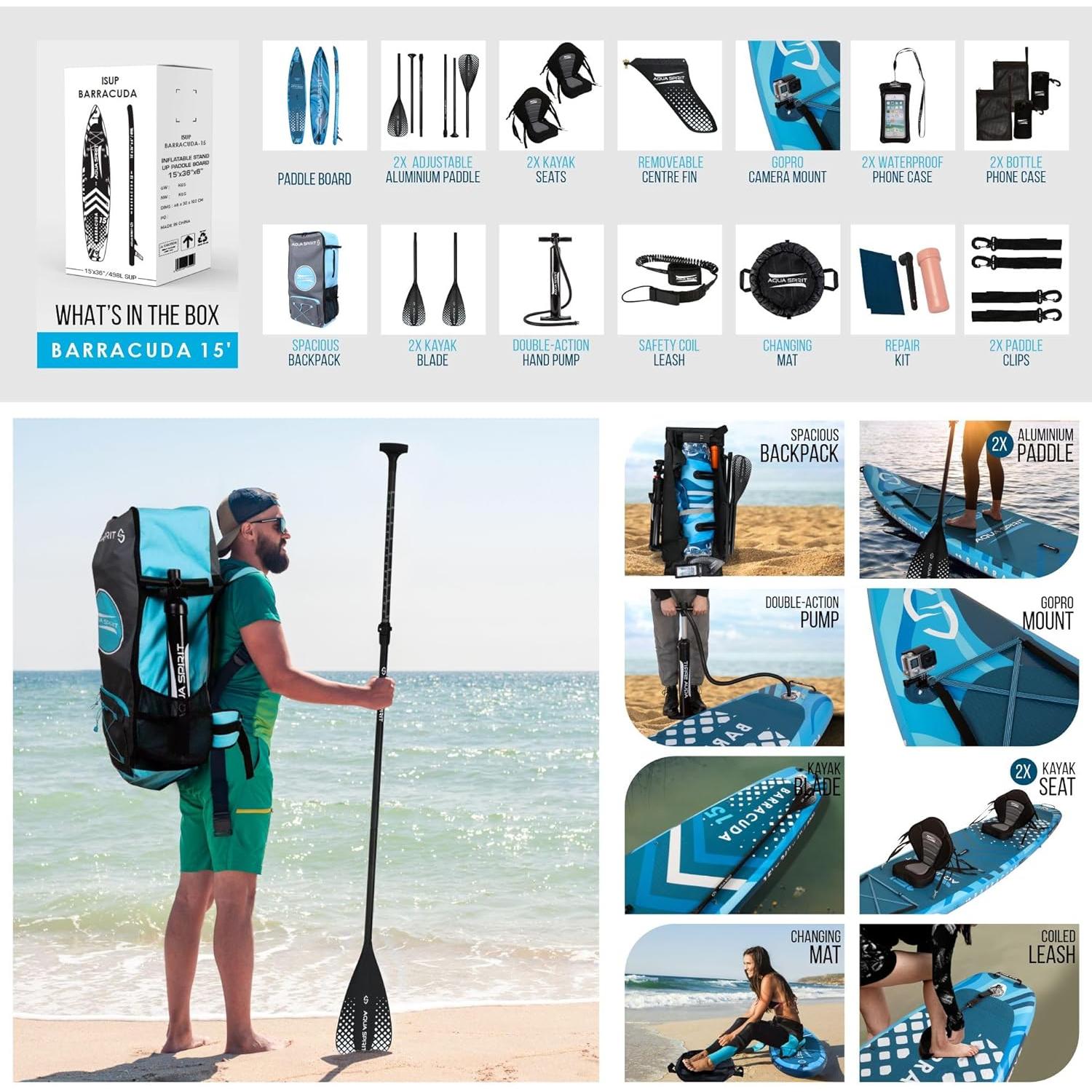 Aqua Spirit Barracuda 15’ 2 Person Tamden Inflatable Stand up Paddle Board SUP Kayak Package, 240KG Limit, 2x Seat, 2x Paddle & Kayak Blade, Pump, Go Pro Mount, Bag, Change Mat - Aqua Spirit iSUPs UK