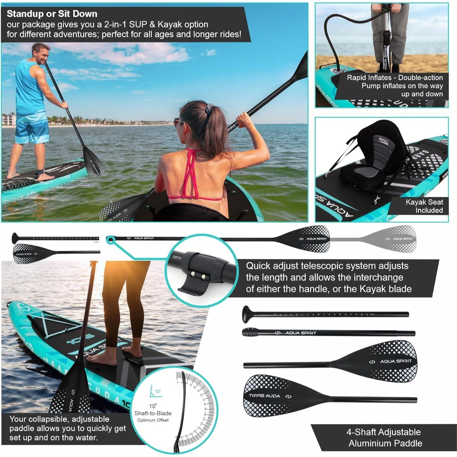 Aqua Spirit Barracuda SUP Inflatable Stand Up Paddle Board 2024, 10'6x32”x6”, Complete Kayak Conversion Kit with Paddle, Backpack, Pump and more accessories, Adult Beginner/Expert, 3 Year Warranty - Aqua Spirit iSUPs UK