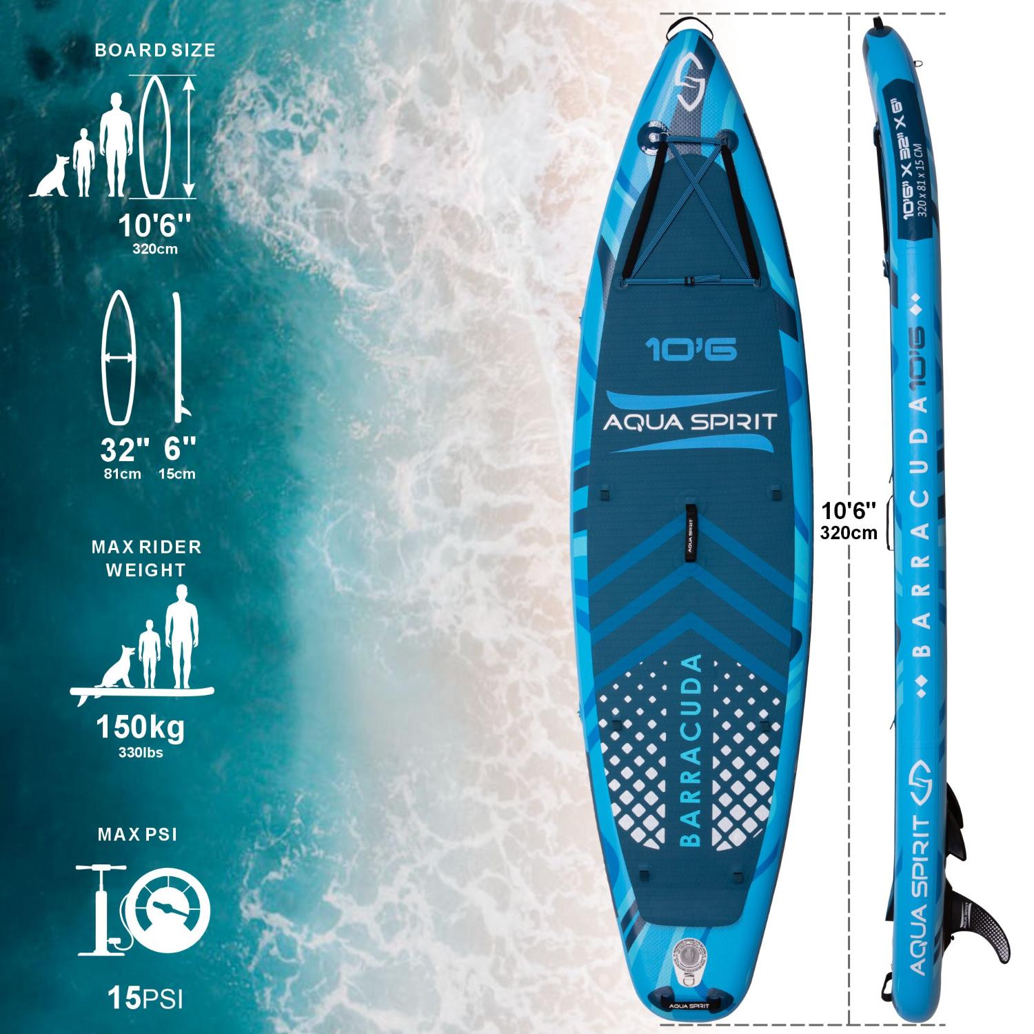 Aqua Spirit Barracuda SUP Inflatable Stand Up Paddle Board 2024, 10'6x32”x6”, Complete Kayak Conversion Kit with Paddle, Backpack, Pump and more accessories, Adult Beginner/Expert, 3 Year Warranty - Aqua Spirit iSUPs UK
