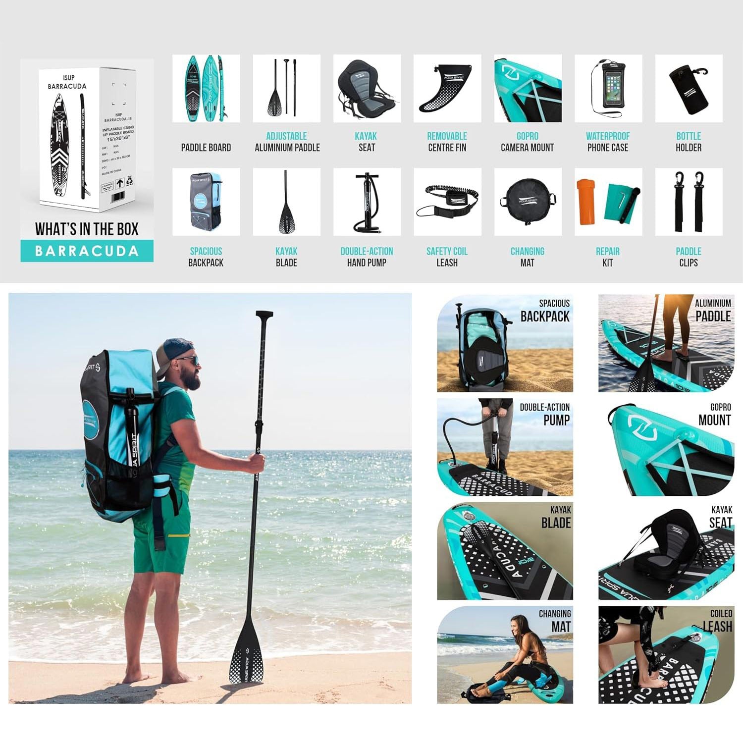 Aqua Spirit Barracuda SUP Inflatable Stand Up Paddle Board 2024, 10'6x32”x6”, Complete Kayak Conversion Kit with Paddle, Backpack, Pump and more accessories, Adult Beginner/Expert, 3 Year Warranty - Aqua Spirit iSUPs UK