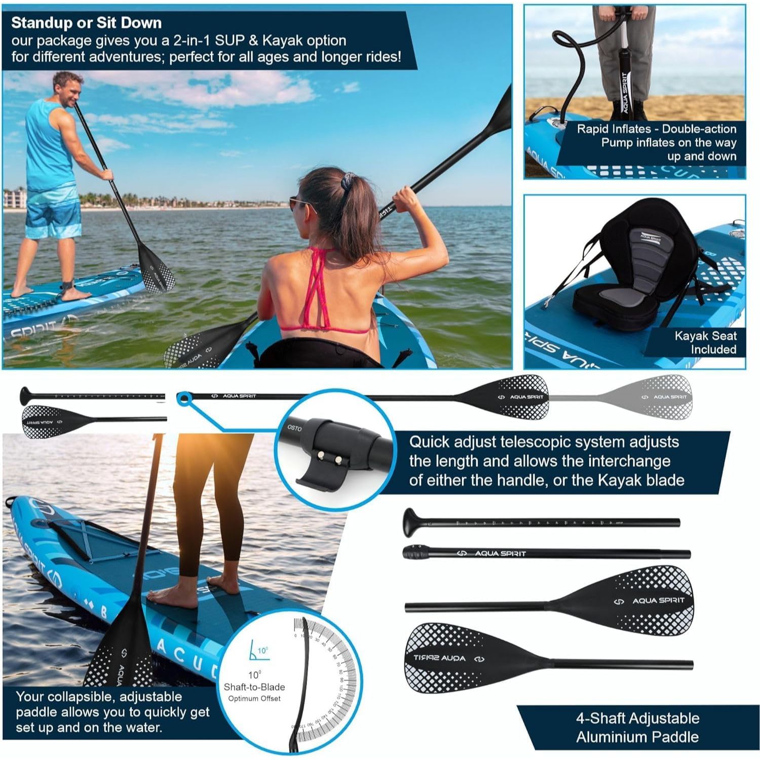 Aqua Spirit Barracuda SUP Inflatable Stand Up Paddle Board 2024, 10'6x32”x6”, Complete Kayak Conversion Kit with Paddle, Backpack, Pump and more accessories, Adult Beginner/Expert, 3 Year Warranty - Aqua Spirit iSUPs UK