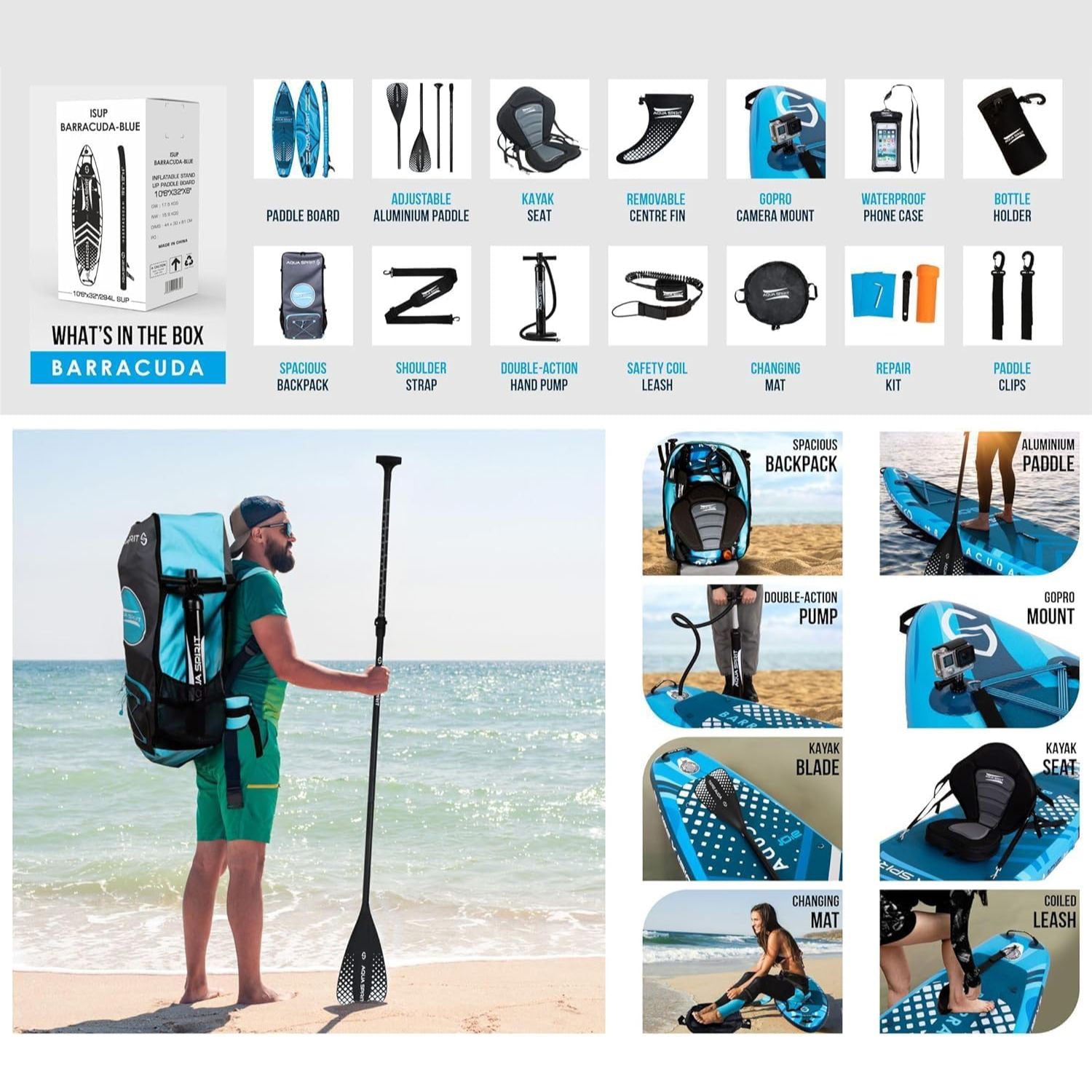 Aqua Spirit Barracuda SUP Inflatable Stand Up Paddle Board 2024, 10'6x32”x6”, Complete Kayak Conversion Kit with Paddle, Backpack, Pump and more accessories, Adult Beginner/Expert, 3 Year Warranty - Aqua Spirit iSUPs UK