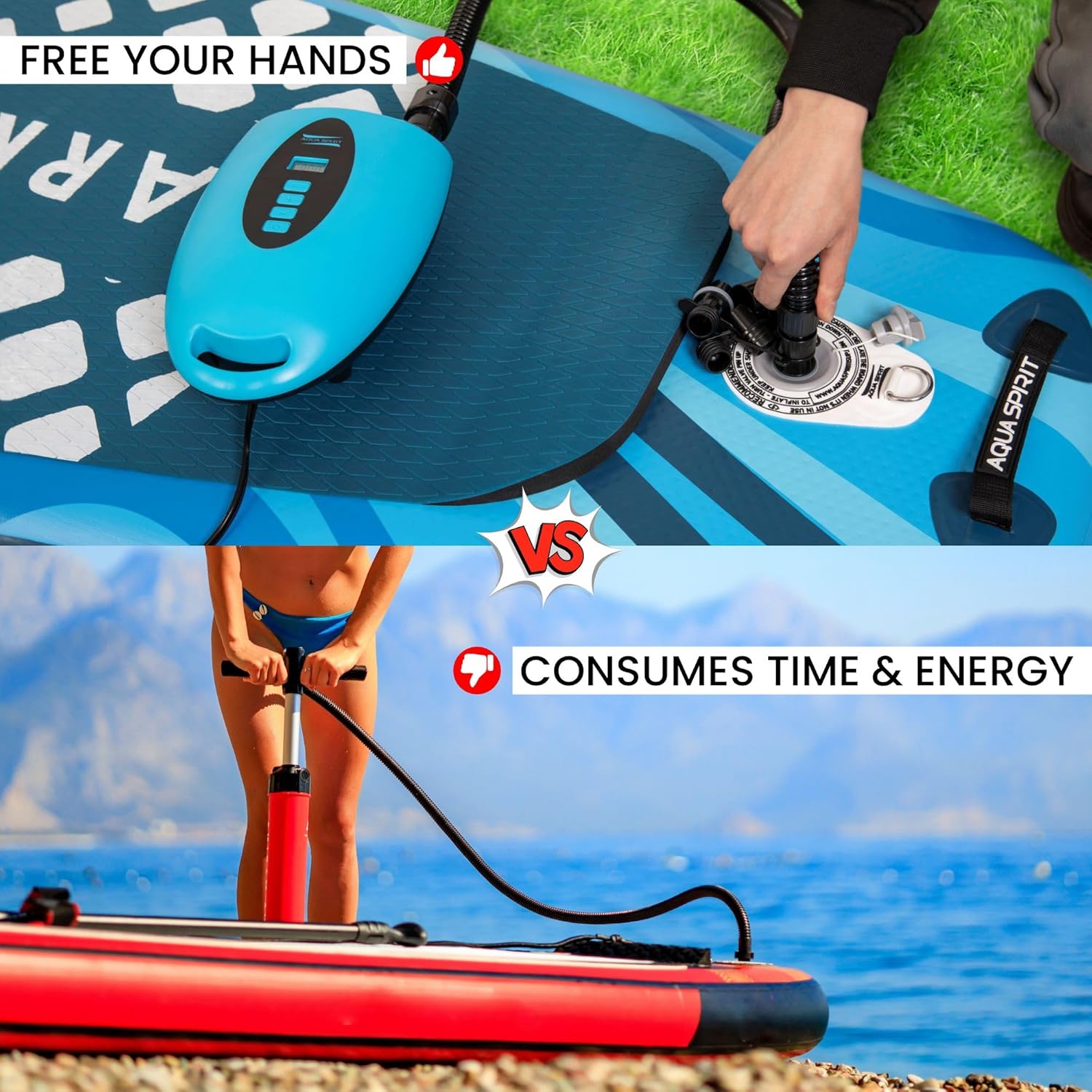 Aqua Spirit Electric SUP Pump Dual Motor with LCD Screen, 20 PSI Max Pressure, Automatic Stop, Compact Design, 6 Nozzles, Drawstring Bag - Ideal for Inflating Paddle Boards, Kayak, Boats and more - Aqua Spirit iSUPs UK