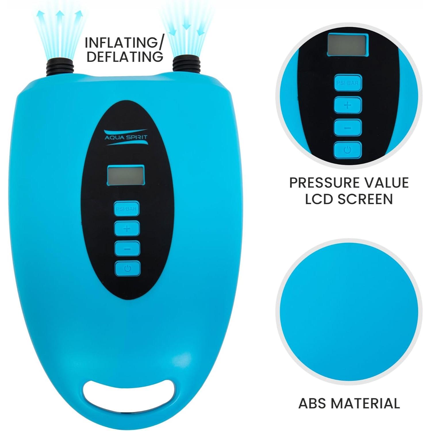Aqua Spirit Electric SUP Pump Dual Motor with LCD Screen, 20 PSI Max Pressure, Automatic Stop, Compact Design, 6 Nozzles, Drawstring Bag - Ideal for Inflating Paddle Boards, Kayak, Boats and more - Aqua Spirit iSUPs UK