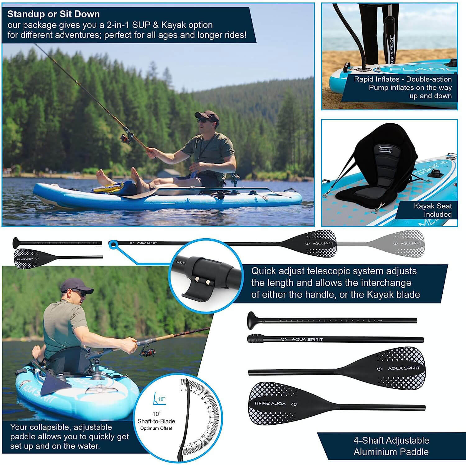 Aqua Spirit Flameback SUP Activity Inflatable Stand Up Paddle Board 2025, Complete Kayak Conversion Kit with Fishing Rod Mount, Paddle, Backpack and more accessories, 3 Year Warranty