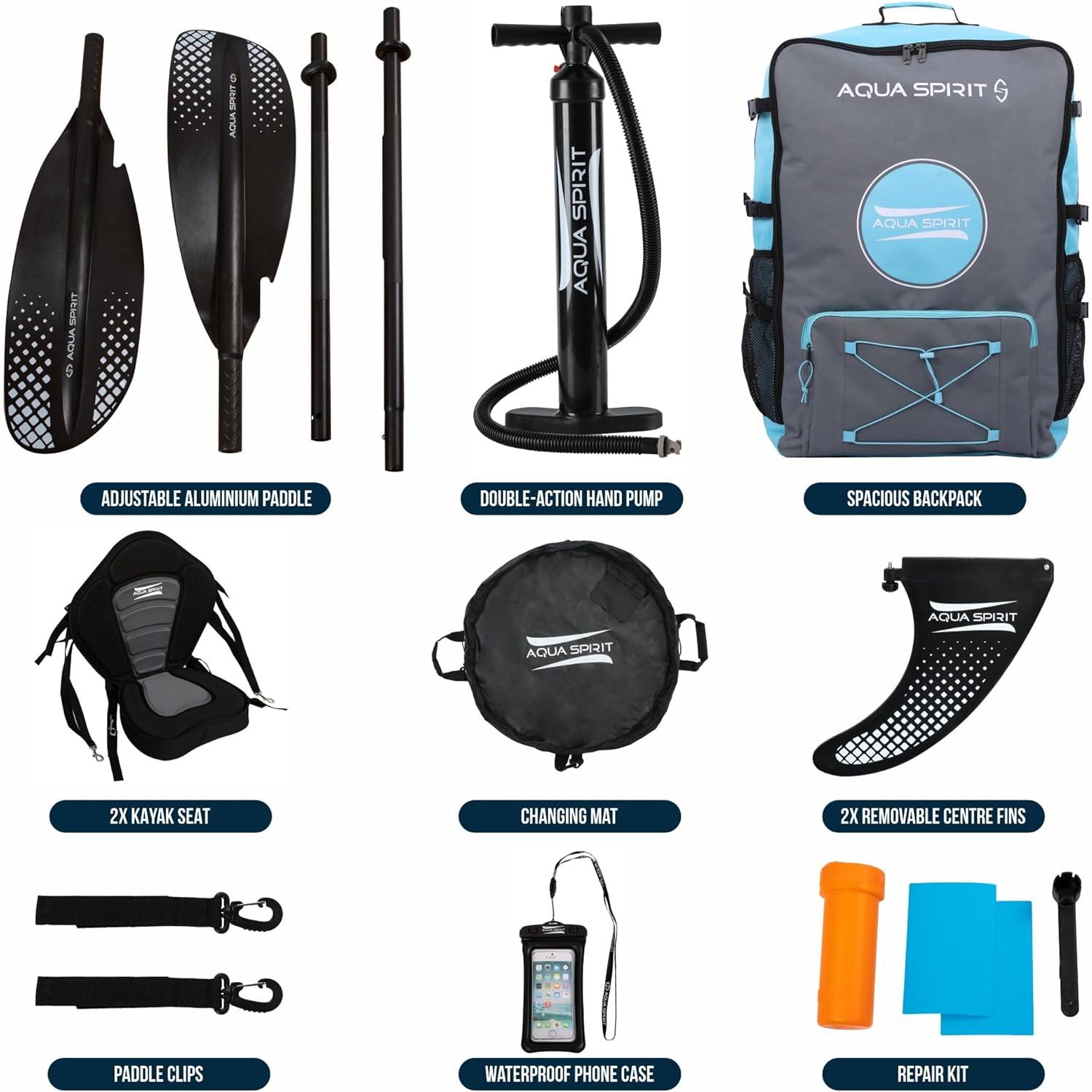 Aqua Spirit Inflatable Kayak, 2-Seater/1-Seater Complete Kayak Kit with Paddle, Backpack, Double-Action Pump and more accessories/Adult Beginners/Experts, 13’5”/10'5” - 3 Year Warranty - Aqua Spirit iSUPs UK