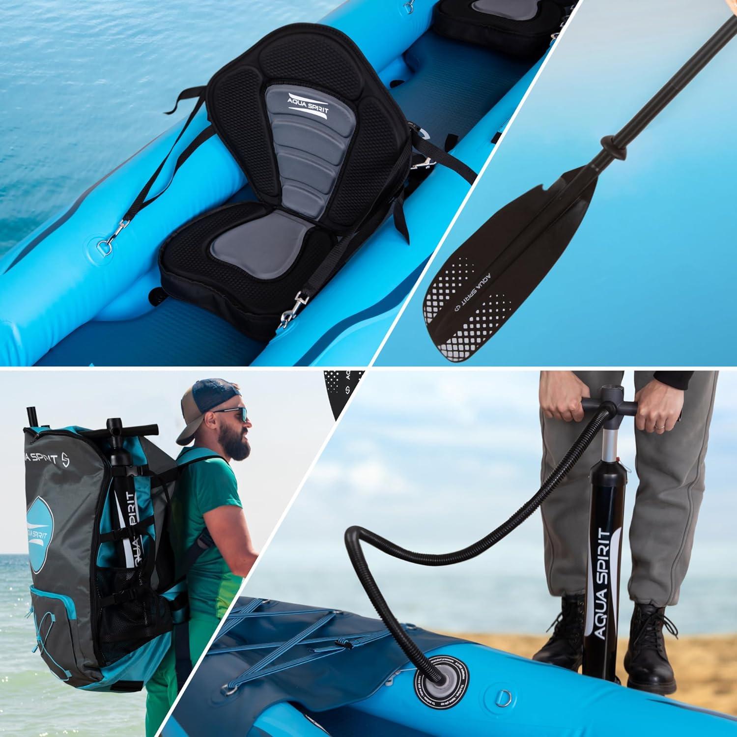 Aqua Spirit Inflatable Kayak, 2-Seater/1-Seater Complete Kayak Kit with Paddle, Backpack, Double-Action Pump and more accessories/Adult Beginners/Experts, 13’5”/10'5” - 3 Year Warranty - Aqua Spirit iSUPs UK