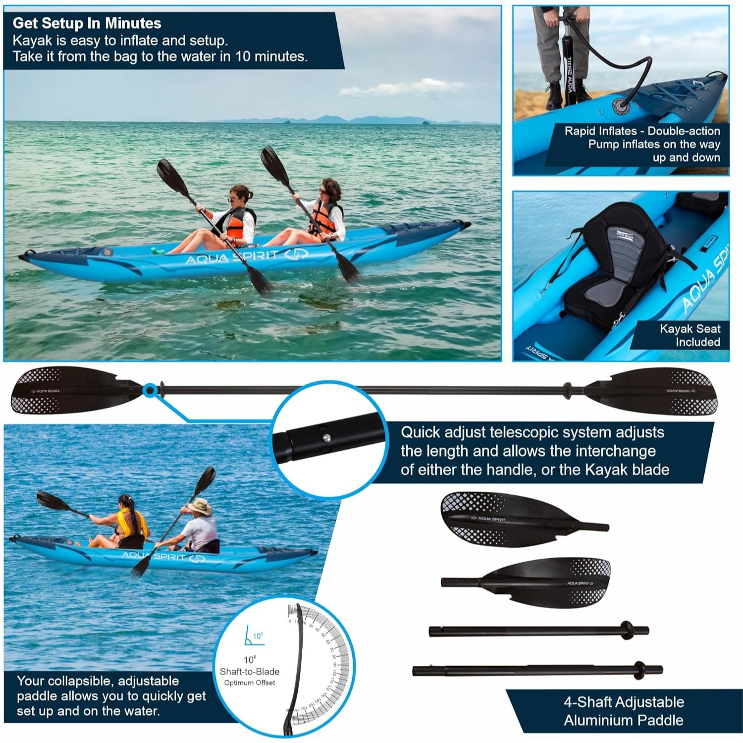 Aqua Spirit Inflatable Kayak, 2-Seater/1-Seater Complete Kayak Kit with Paddle, Backpack, Double-Action Pump and more accessories/Adult Beginners/Experts, 13’5”/10'5” - 3 Year Warranty - Aqua Spirit iSUPs UK