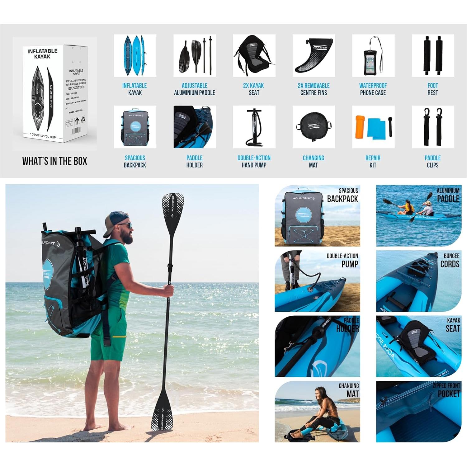 Aqua Spirit Inflatable Kayak, 2-Seater/1-Seater Complete Kayak Kit with Paddle, Backpack, Double-Action Pump and more accessories/Adult Beginners/Experts, 13’5”/10'5” - 3 Year Warranty - Aqua Spirit iSUPs UK