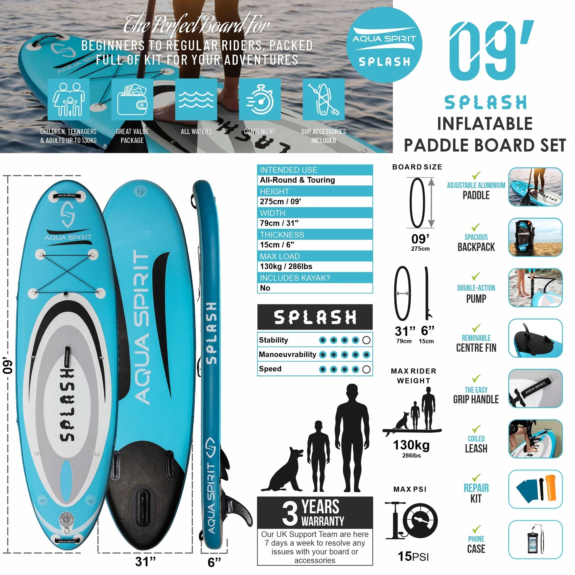 Aqua Spirit Splash Inflatable Stand Up SUP 9’x31”x6” Beginners Paddle Board For Kids/ Small Adults With Accessories, Paddle, Pump, Back Pack, Leash, Repair Kit, 3 Year Warranty
