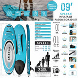 Aqua Spirit Splash Inflatable Stand Up SUP 9’x31”x6” Beginners Paddle Board For Kids/ Small Adults With Accessories, Paddle, Pump, Back Pack, Leash, Repair Kit, 3 Year Warranty