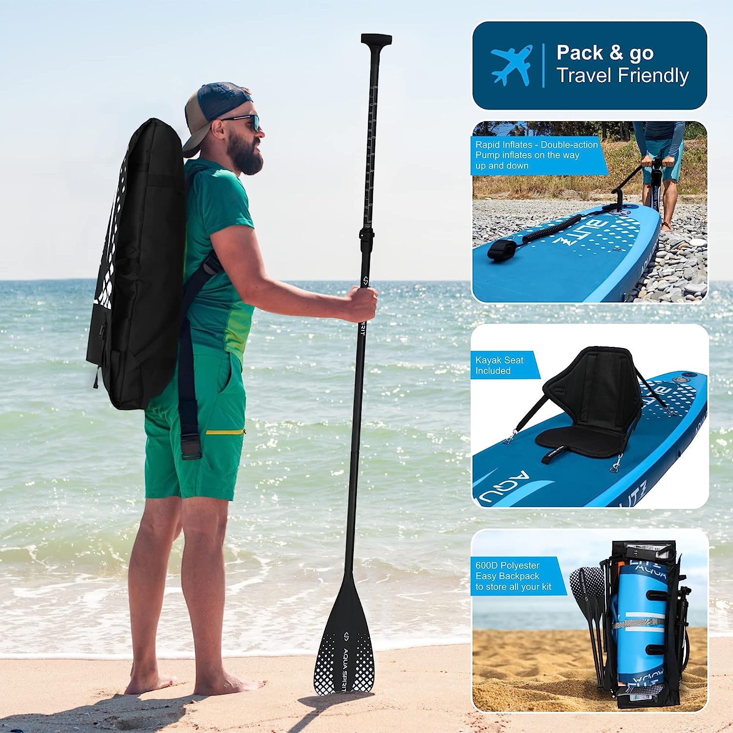AQUA SPIRIT Blitz 10’8 & 12' PREMIUM iSUP Inflatable Stand up Paddle Board & Kayak with Top Accessories, All-Inclusive Package, 3-Years Of Complete Brand Warranty - Aqua Spirit iSUPs UK