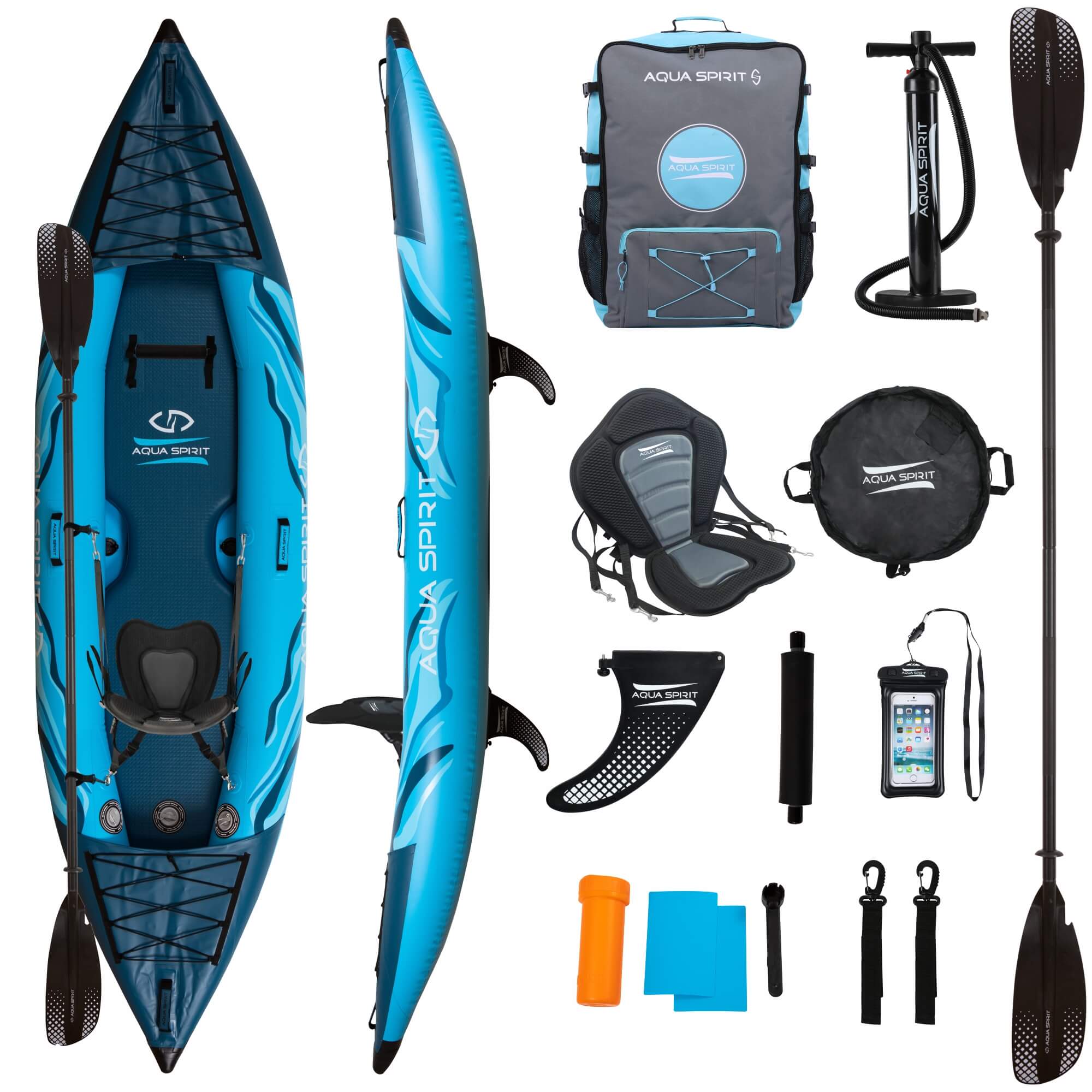 Aqua Spirit Inflatable Kayak Latest 2023 Model, 10'5”/13’5”/1 or 2 Person Complete Kayak Kit with Paddle, Backpack, Double-Action Pump and more accessories/Adult Beginners/Experts - 3 Year Warranty - Aqua Spirit iSUPs UK