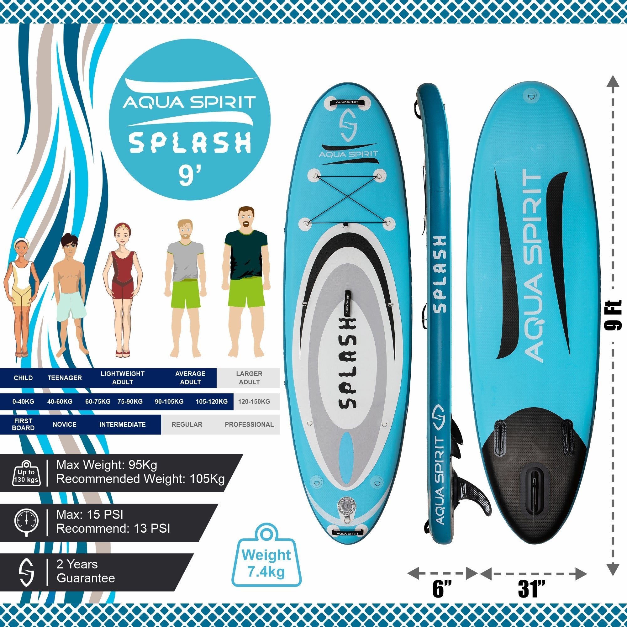 Aqua Spirit Splash Inflatable Stand Up SUP 9’x31”x6” Beginners Paddle Board For Kids/ Small Adults With Accessories, Paddle, Pump, Back Pack, Leash, Repair Kit, 2 Year Warranty - Aqua Spirit iSUPs
