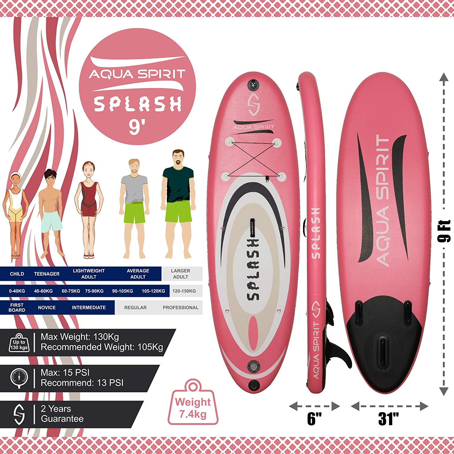 AQUA SPIRIT Splash iSUP 9’ long Inflatable Stand up Paddle Board for Beginners/Intermediate with Backpack, Leash, Paddle, Go-Pro Holder, Changing Mat, Waterproof Phone Case, All-Inclusive Package, 3-Years Of Complete Brand Warranty - Aqua Spirit iSUPs