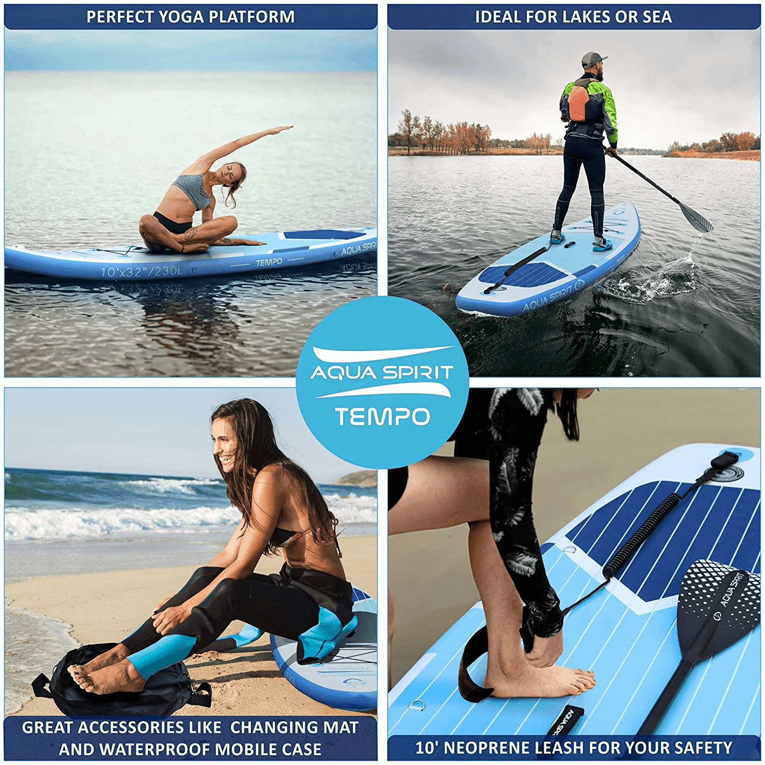 AQUA SPIRIT Tempo 10' iSUP Inflatable Stand up Paddle Board for Adult Beginners/Intermediate with Backpack, Leash, Paddle, Changing Mat & Waterproof Phone Case - Aqua Spirit iSUPs