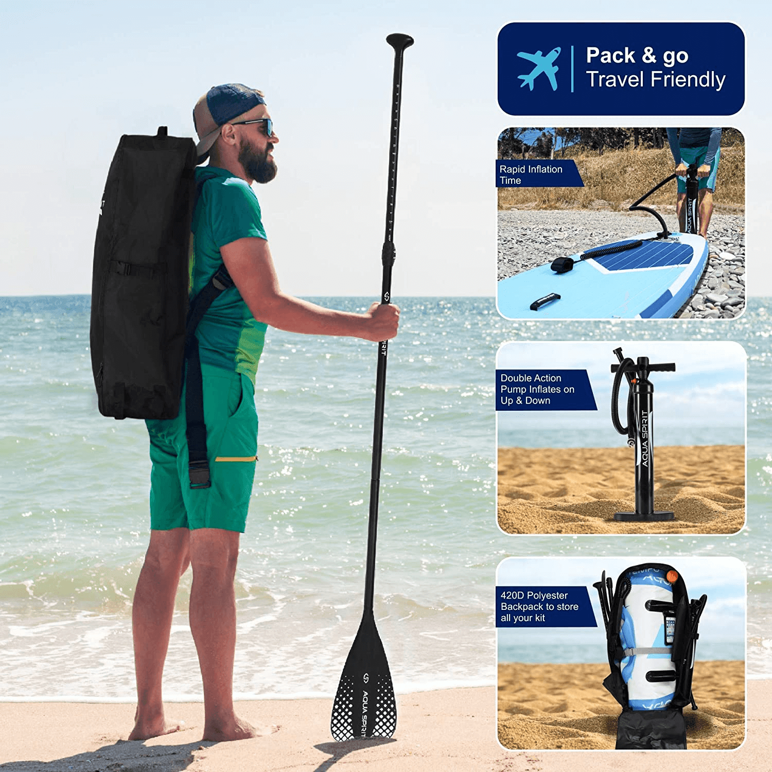 AQUA SPIRIT Tempo 10' iSUP Inflatable Stand up Paddle Board for Adult Beginners/Intermediate with Backpack, Leash, Paddle, Changing Mat & Waterproof Phone Case - Aqua Spirit iSUPs