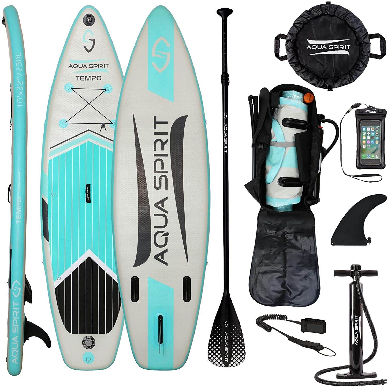 AQUA SPIRIT Tempo 10' iSUP Inflatable Stand up Paddle Board for Adult Beginners/Intermediate with Backpack, Leash, Paddle, Changing Mat & Waterproof Phone Case - Aqua Spirit iSUPs
