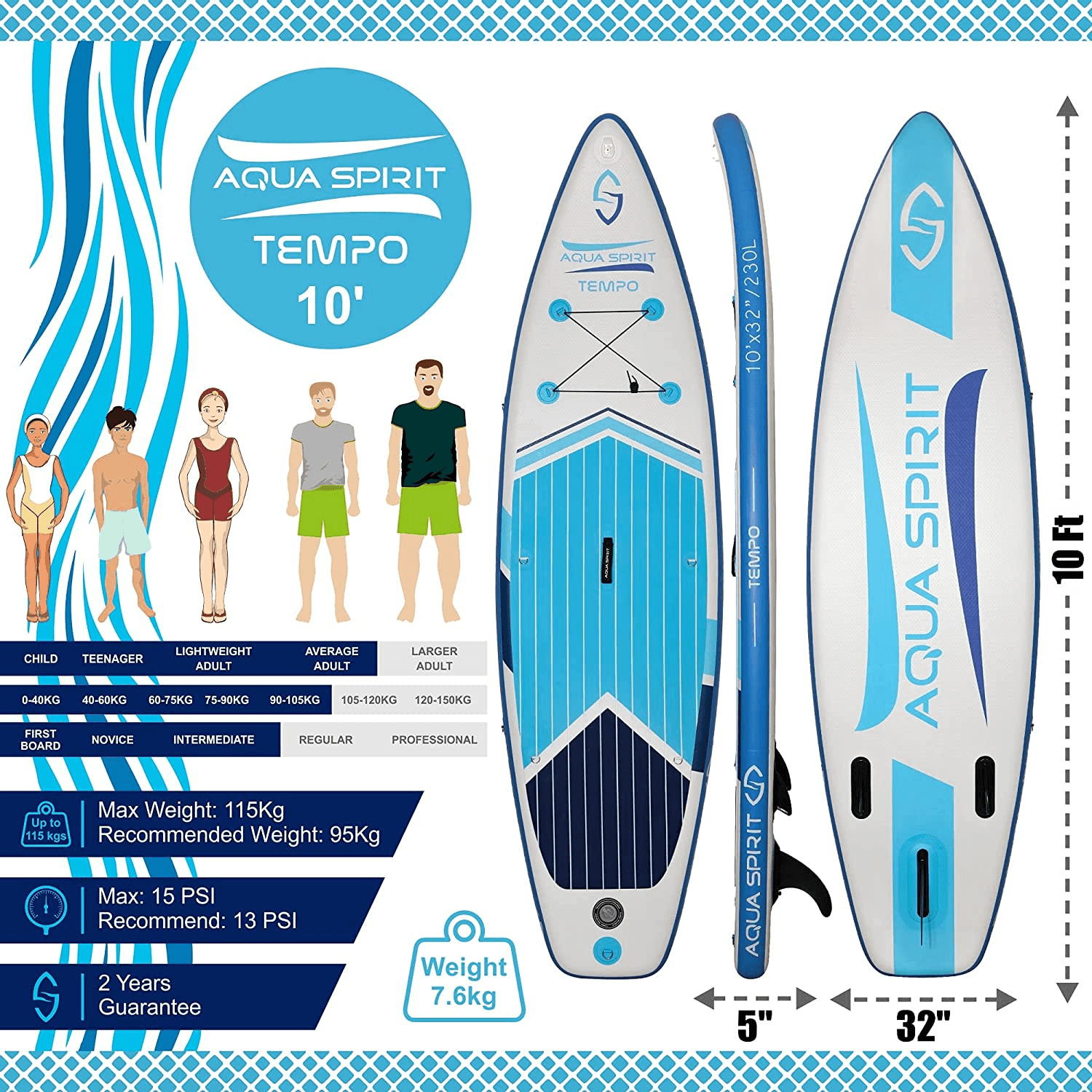 AQUA SPIRIT Tempo 10' iSUP Inflatable Stand up Paddle Board for Adult Beginners/Intermediate with Backpack, Leash, Paddle, Changing Mat & Waterproof Phone Case - Aqua Spirit iSUPs