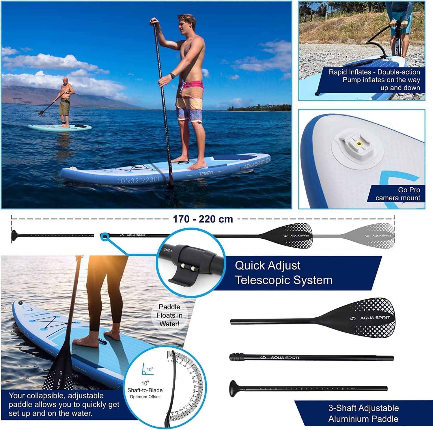 Aqua Spirit Tempo 10' Isup Inflatable Stand Up Paddle Board For Adult Beginners/intermediate With Backpack, Leash, Paddle, Changing Mat & Waterproof Phone Case, All-Inclusive Package, 3-Years Of Complete Brand Warranty - Aqua Spirit iSUPs