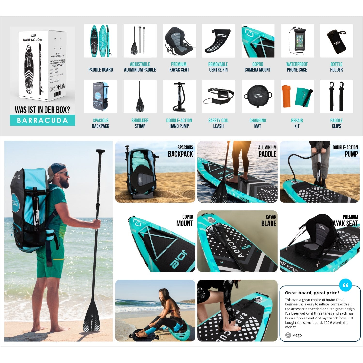Aqua Spirit Barracuda SUP Inflatable Stand Up Paddle Board, 10'6x32”x6”, Complete Kayak Conversion Kit with Paddle, Backpack, Pump and more accessories, Adult Beginner/Expert, 3 Year Warranty