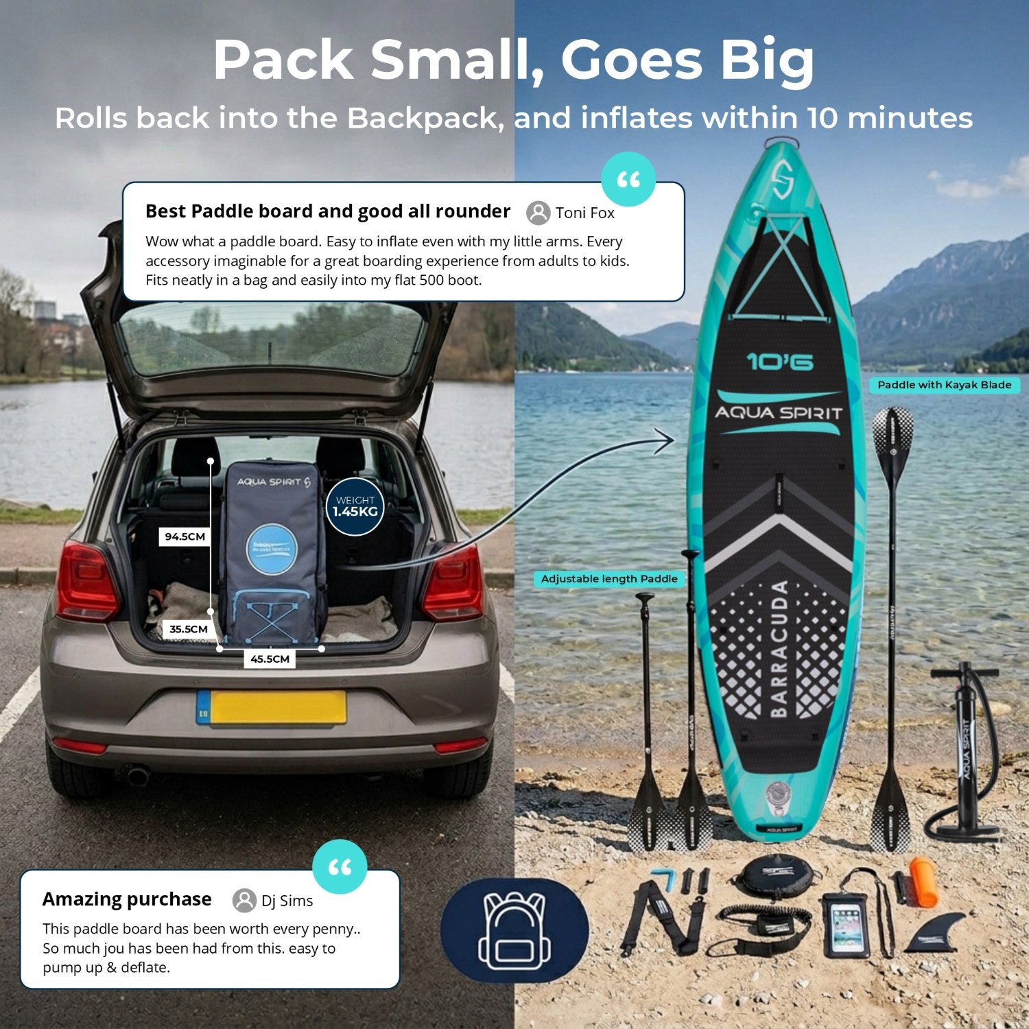 Aqua Spirit Barracuda SUP Inflatable Stand Up Paddle Board, 10'6x32”x6”, Complete Kayak Conversion Kit with Paddle, Backpack, Pump and more accessories, Adult Beginner/Expert, 3 Year Warranty