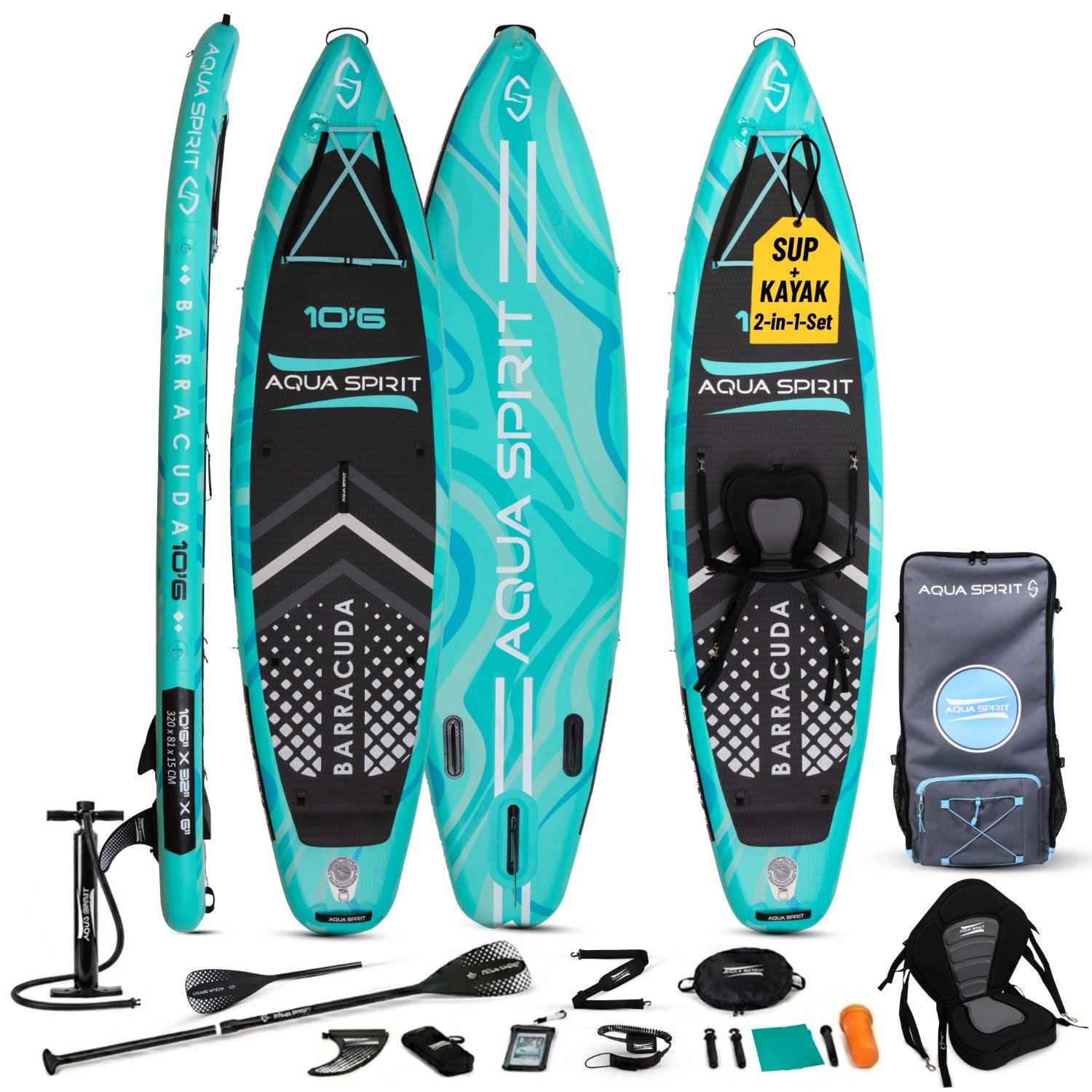 Aqua Spirit Barracuda SUP Inflatable Stand Up Paddle Board, 10'6x32”x6”, Complete Kayak Conversion Kit with Paddle, Backpack, Pump and more accessories, Adult Beginner/Expert, 3 Year Warranty