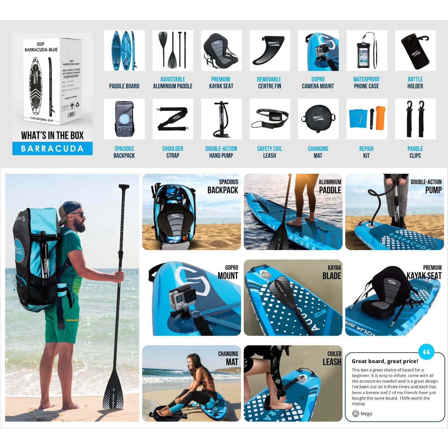 Aqua Spirit Barracuda SUP Inflatable Stand Up Paddle Board, 10'6x32”x6”, Complete Kayak Conversion Kit with Paddle, Backpack, Pump and more accessories, Adult Beginner/Expert, 3 Year Warranty