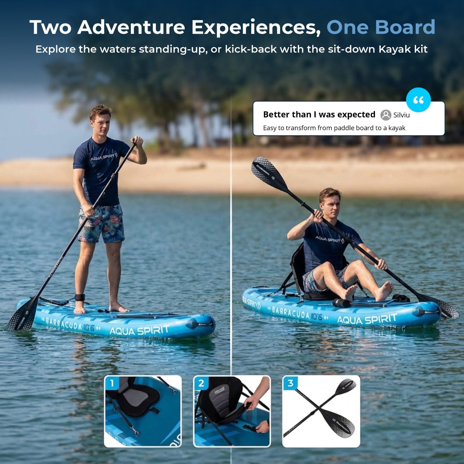 Aqua Spirit Barracuda SUP Inflatable Stand Up Paddle Board, 10'6x32”x6”, Complete Kayak Conversion Kit with Paddle, Backpack, Pump and more accessories, Adult Beginner/Expert, 3 Year Warranty