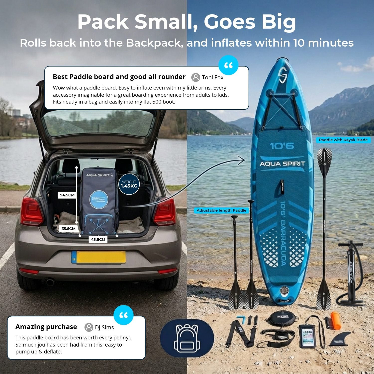 Aqua Spirit Barracuda SUP Inflatable Stand Up Paddle Board, 10'6x32”x6”, Complete Kayak Conversion Kit with Paddle, Backpack, Pump and more accessories, Adult Beginner/Expert, 3 Year Warranty