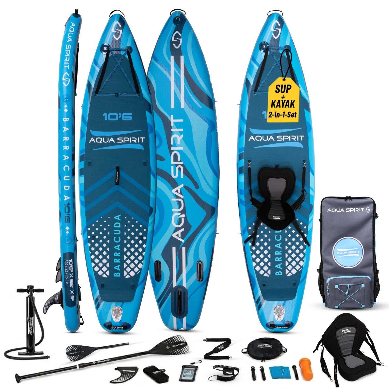 Aqua Spirit Barracuda SUP Inflatable Stand Up Paddle Board, 10'6x32”x6”, Complete Kayak Conversion Kit with Paddle, Backpack, Pump and more accessories, Adult Beginner/Expert, 3 Year Warranty