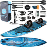 Aqua Spirit Barracuda 15’ 2 Person Tamden Inflatable Stand up Paddle Board SUP Kayak Package, 240KG Limit, 2x Seat, 2x Paddle & Kayak Blade, Pump, Go Pro Mount, Bag, Change Mat