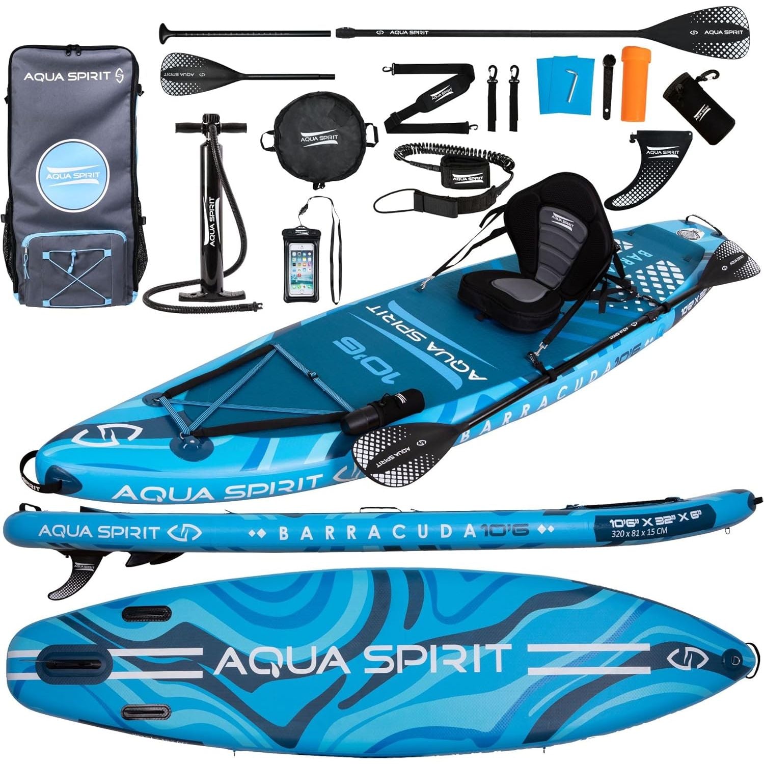 AQUA SPIRIT Barracuda Inflatable Stand Up Paddle Board With Kayak