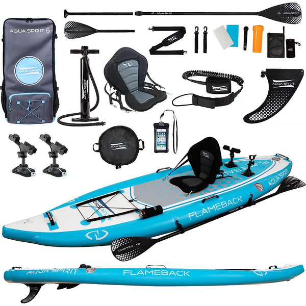 Flameback SUP Activity Inflatable Stand Up Paddle Board 2025 Complete Kayak Conversion Kit Fishing Rod Mount Paddle Backpack more accessories Warranty