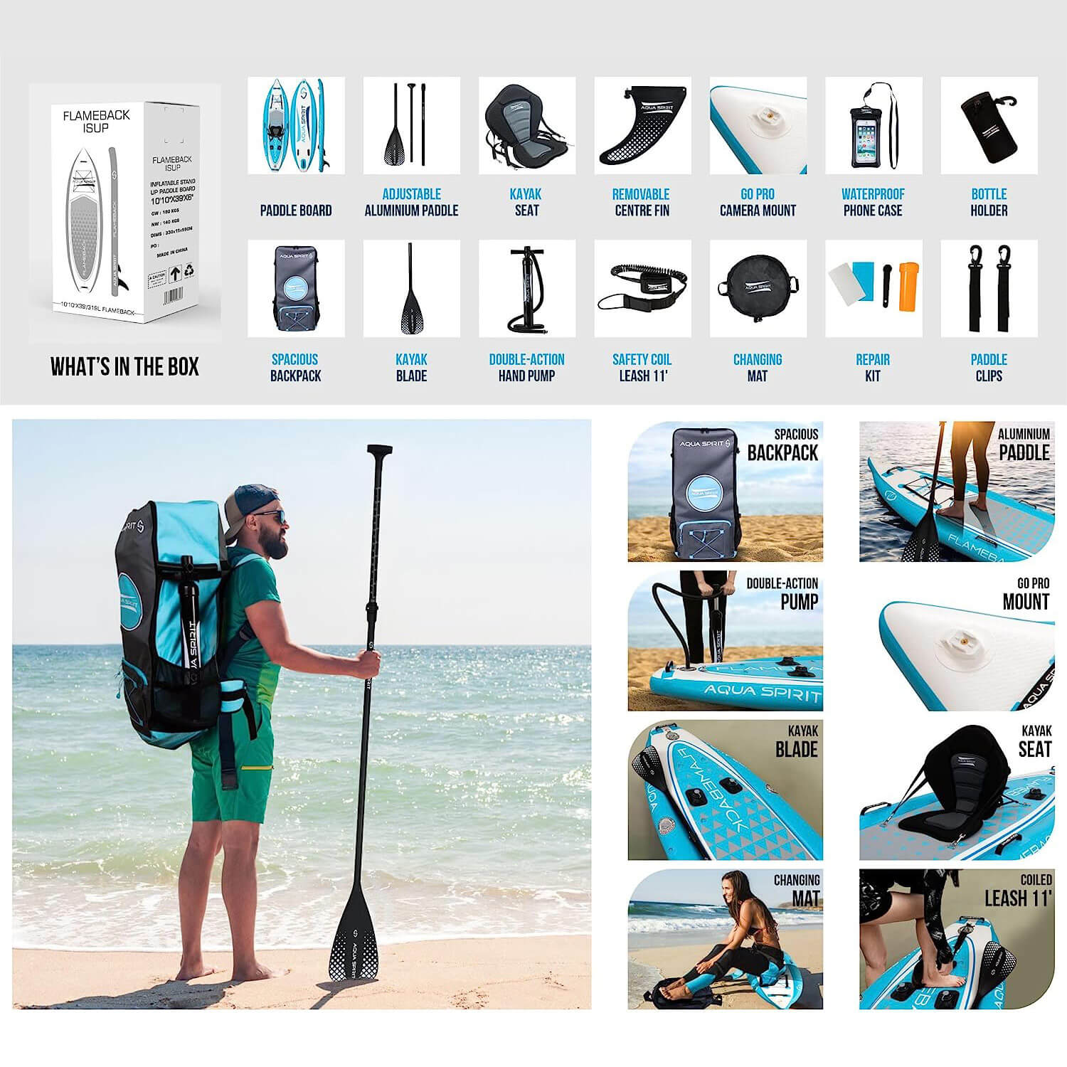 Aqua Spirit Flameback SUP Activity Inflatable Stand Up Paddle Board 2023, Complete Kayak Conversion Kit with Fishing Rod Mount, Paddle, Backpack and more accessories, 3 Year Warranty