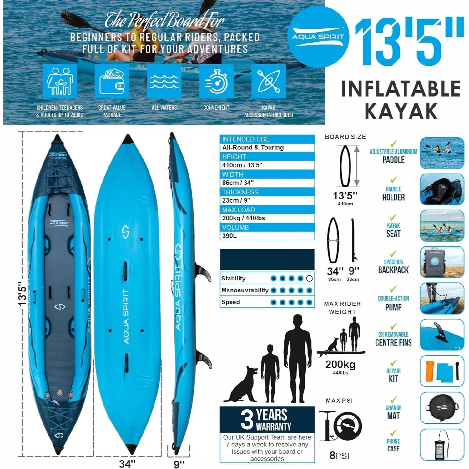 Aqua Spirit Inflatable Kayak, 2 - Seater/1 - Seater Complete Kayak Kit with Paddle, Backpack, Double - Action Pump and more accessories/Adult Beginners/Experts, 13’5”/10'5” - 3 Year Warranty - Aqua Spirit iSUPs UK