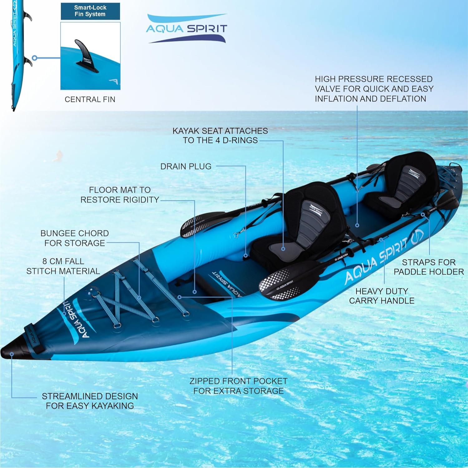 Aqua Spirit Inflatable Kayak, 2-Seater/1-Seater Complete Kayak Kit with Paddle, Backpack, Double-Action Pump and more accessories/Adult Beginners/Experts, 13’5”/10'5” - 3 Year Warranty - Aqua Spirit iSUPs UK