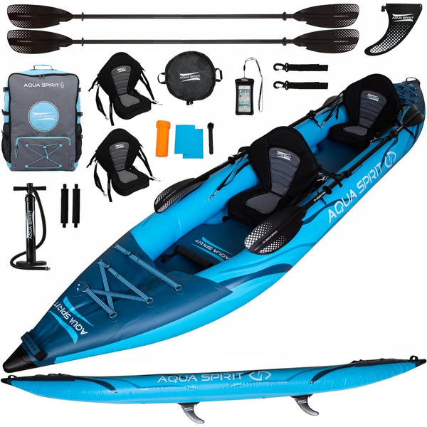 Inflatable Kayak 2 Seater Complete Kayak Kit Paddle Backpack Double Action Pump more accessories Beginners Experts 135” Warranty