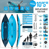 Aqua Spirit Inflatable Kayak, 2-Seater/1-Seater Complete Kayak Kit with Paddle, Backpack, Double-Action Pump and more accessories/Adult Beginners/Experts, 13’5”/10'5” - 3 Year Warranty