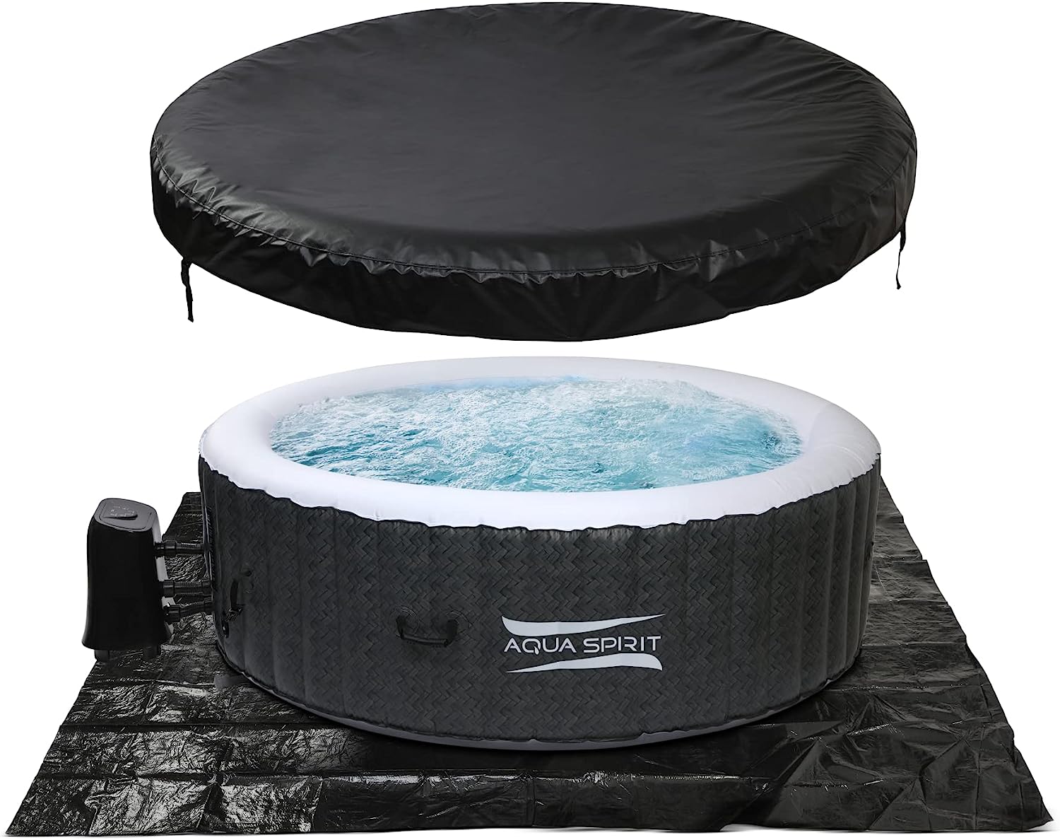 Aqua Spirit 4 to 6 Person Inflatable Quick Heating Indoor & Outdoor Round Bubble Hot Tub Spa with Insulated Cover & Ground Sheet, Up to 6 Persons, Rattan Effect - Aqua Spirit iSUPs UK