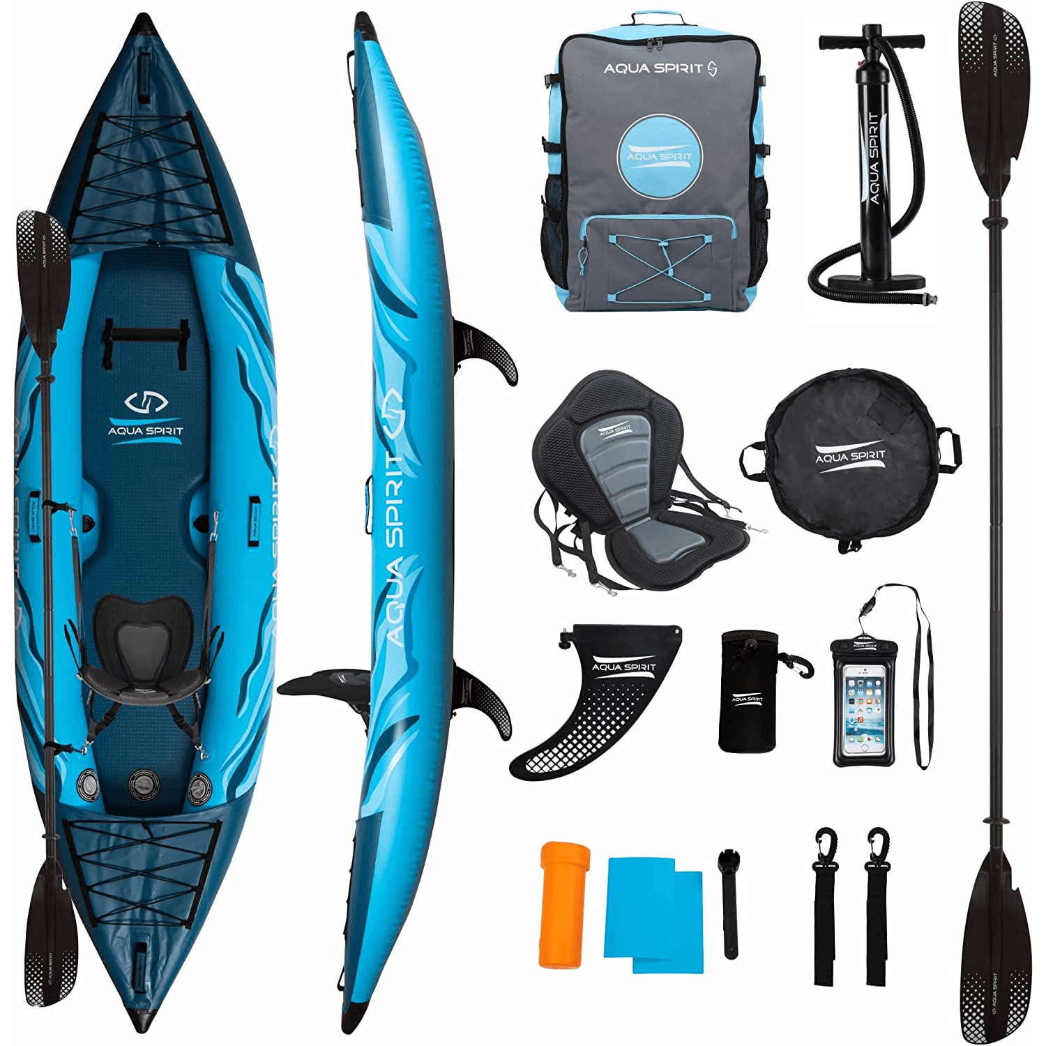 Aqua Spirit Inflatable Kayak Latest 2023 Model, 10'5”/13’5”/1 or 2 Person Complete Kayak Kit with Paddle, Backpack, Double-Action Pump and more accessories/Adult Beginners/Experts - 2 Year Warranty - Aqua Spirit iSUPs UK