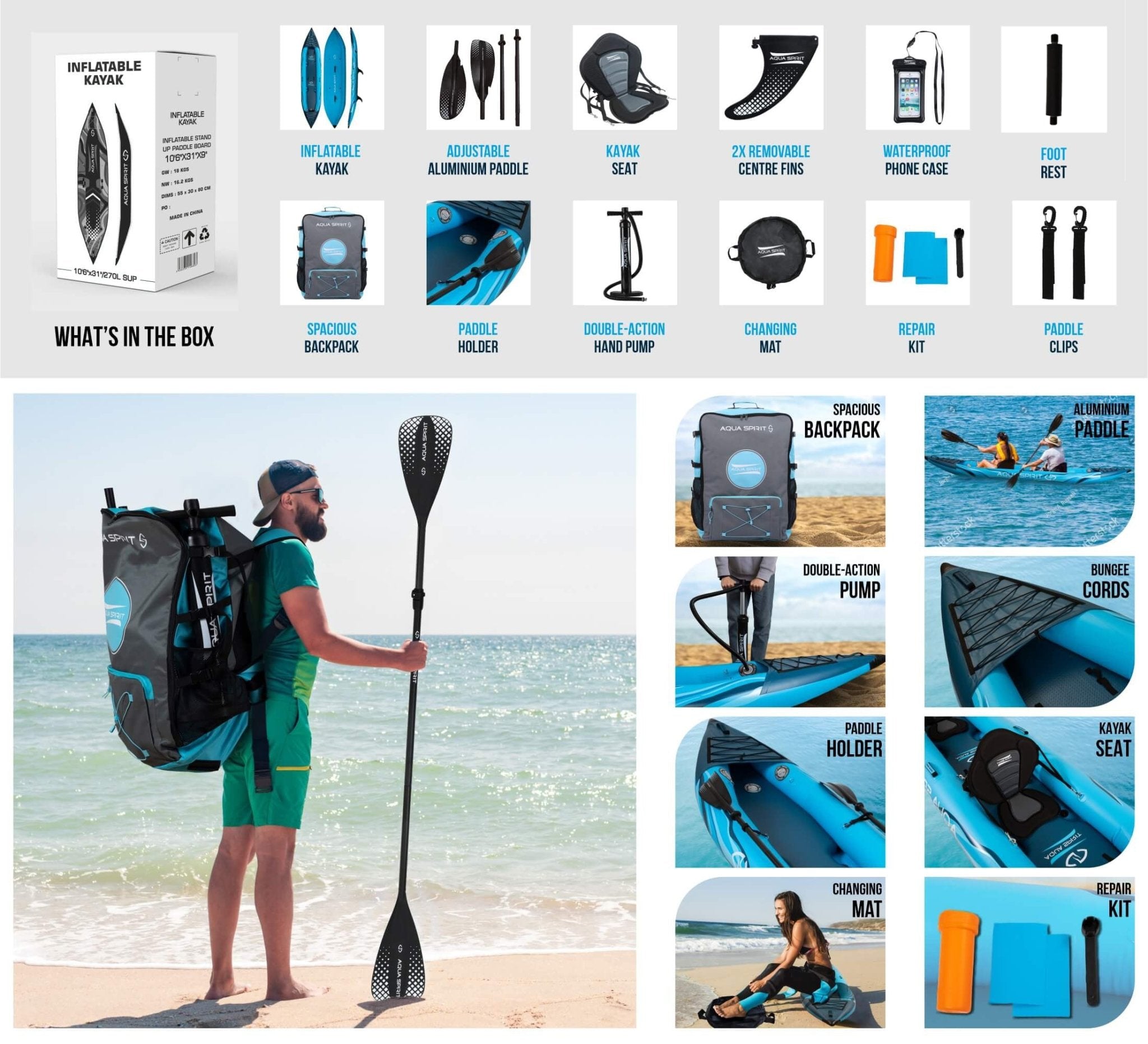 Aqua Spirit Inflatable Kayak Latest 2023 Model, 10'5”/13’5”/1 or 2 Person Complete Kayak Kit with Paddle, Backpack, Double-Action Pump and more accessories/Adult Beginners/Experts - 3 Year Warranty - Aqua Spirit iSUPs UK