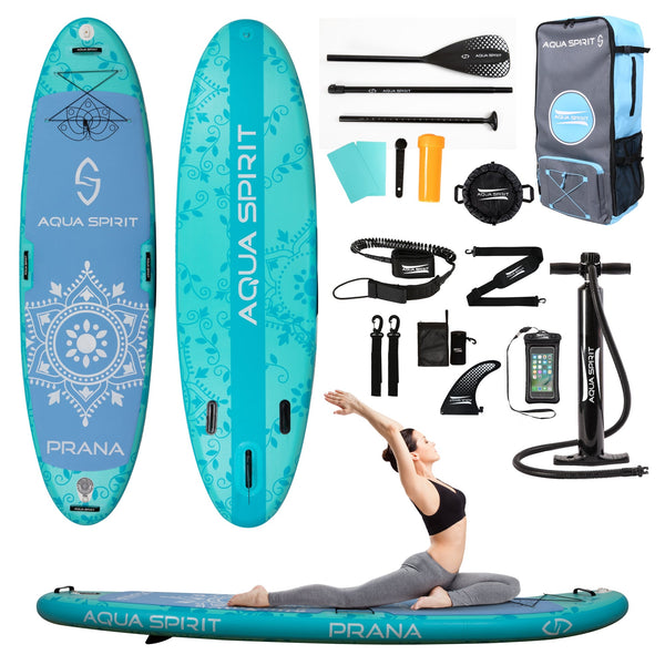 Prana 10′8″ Yoga Water AquaFitness Stand Up Paddle Board Kit 6" Thick Aluminium Paddle & Clips Backpack Change Mat Pump Leash Mount GoPro Shoulder Straps & Warranty