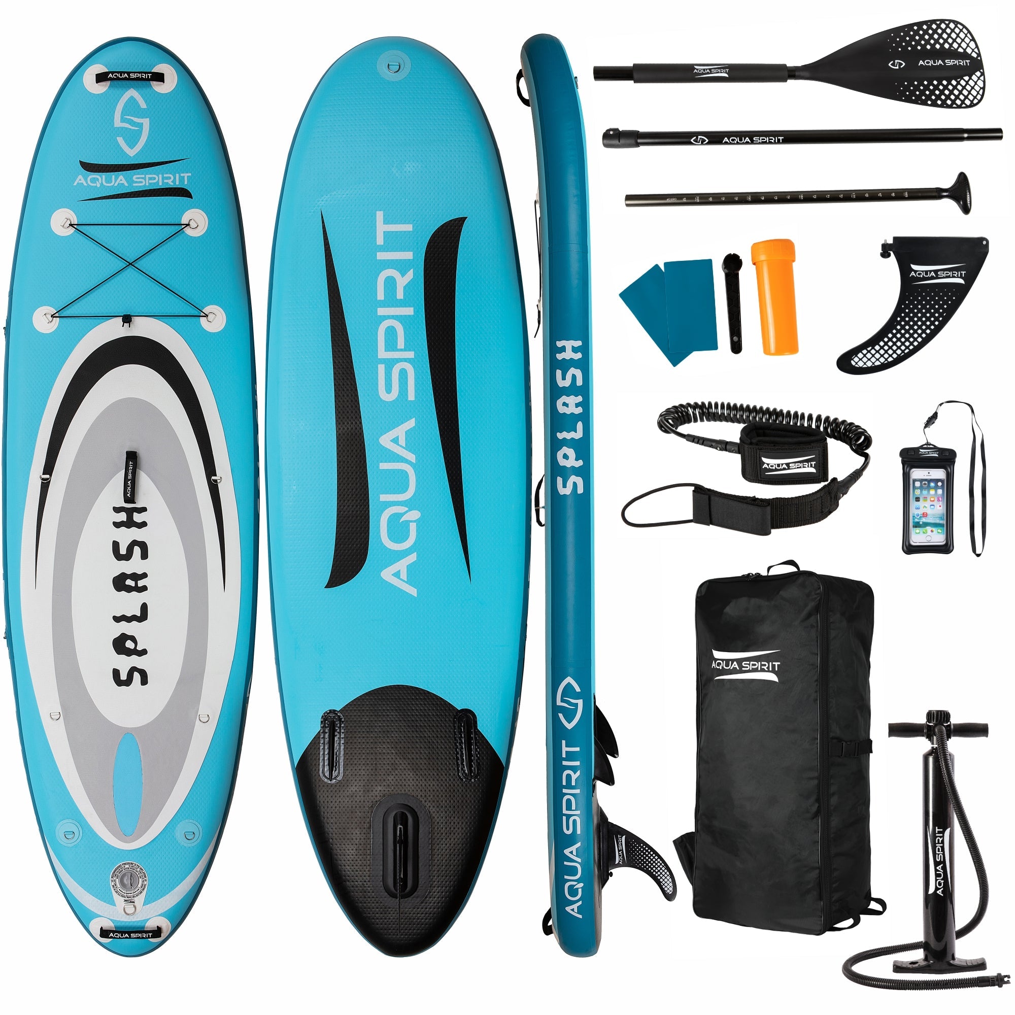 Aqua Spirit Splash Inflatable Stand Up SUP 9’x31”x6” Beginners Paddle Board For Kids/ Small Adults With Accessories, Paddle, Pump, Back Pack, Leash, Repair Kit, 2 Year Warranty - Aqua Spirit iSUPs