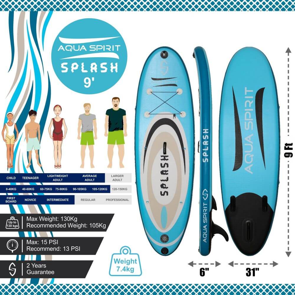AQUA SPIRIT Splash iSUP 9’ long Inflatable Stand up Paddle Board for Beginners/Intermediate with Backpack, Leash, Paddle, Changing Mat & Waterproof Phone Case - Aqua Spirit iSUPs