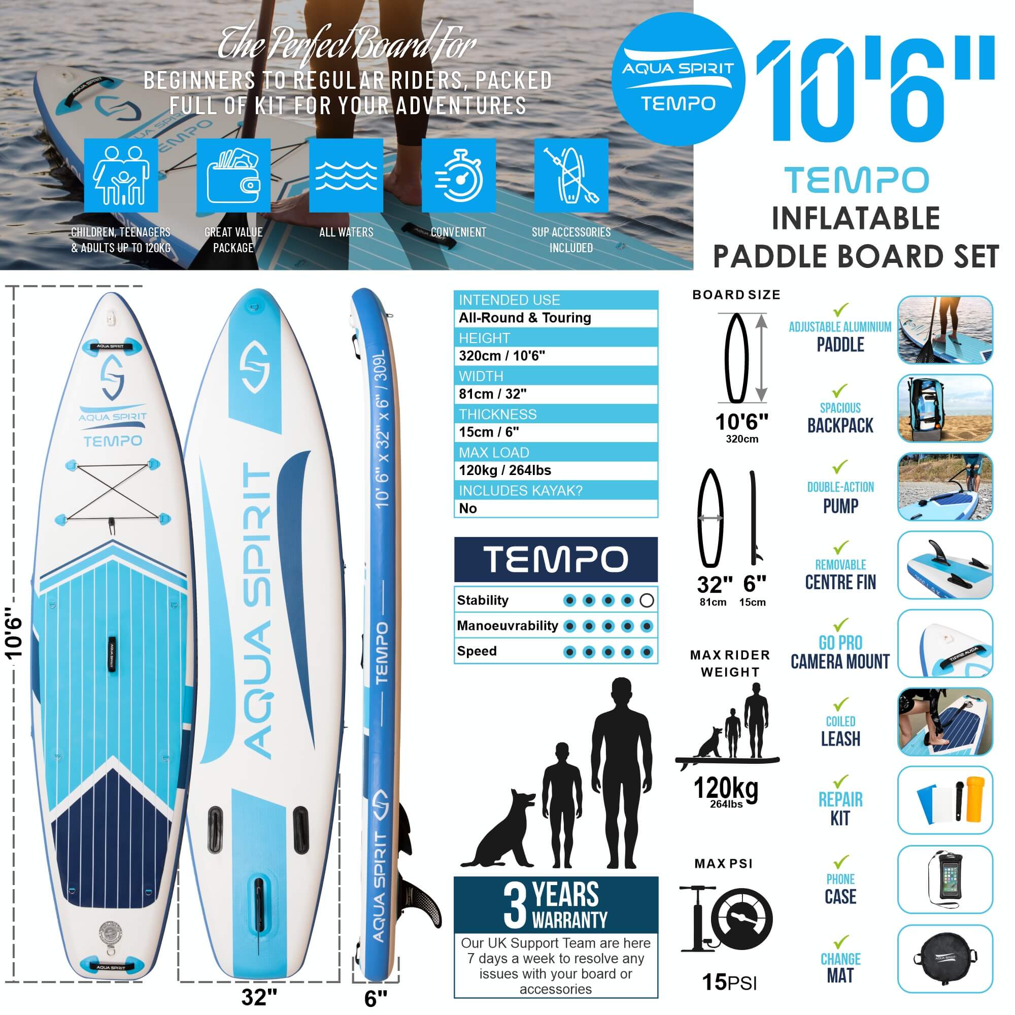 Aqua Spirit Tempo 10'/10'6 iSUP Inflatable Stand Up Paddle Board For Adult Beginners/intermediate With Backpack, Leash, Paddle, Changing Mat & Waterproof Phone Case, All-Inclusive Package, 3-Years Of Complete Brand Warranty - Aqua Spirit iSUPs UK