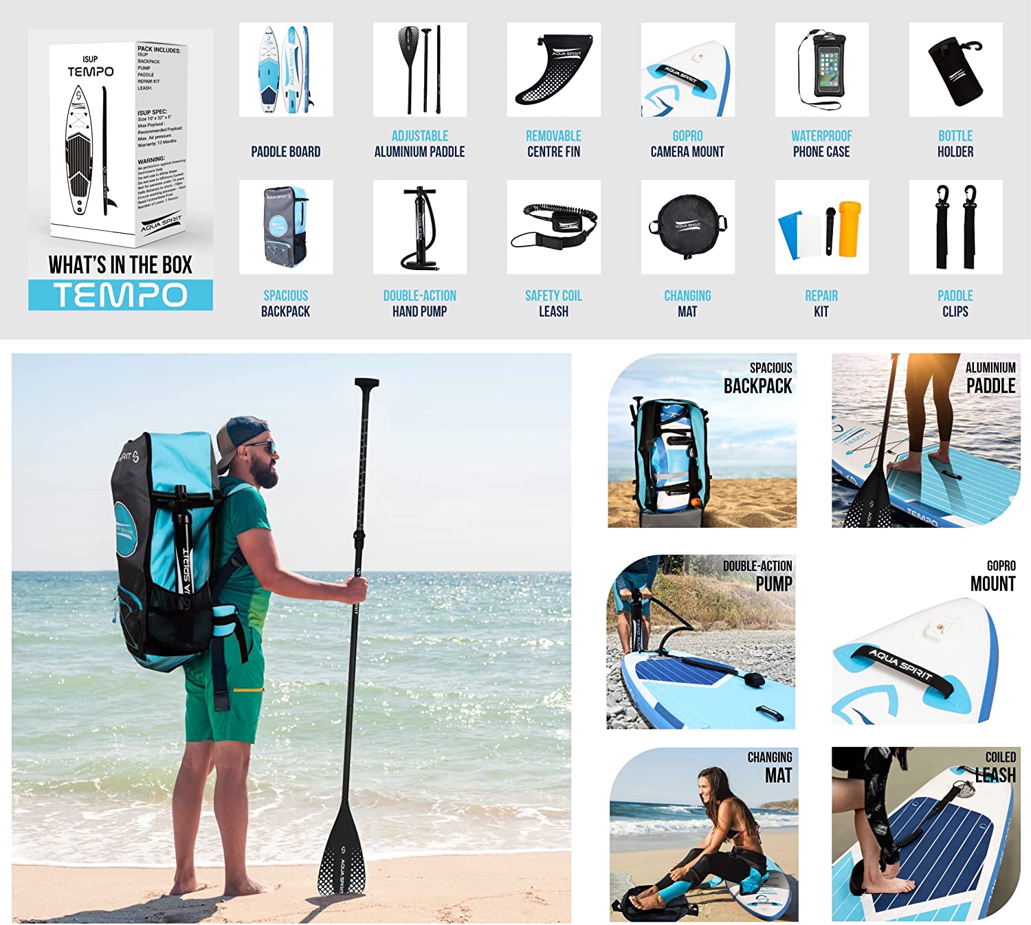 Aqua Spirit Tempo 10'/10'6 iSUP Inflatable Stand Up Paddle Board For Adult Beginners/intermediate With Backpack, Leash, Paddle, Changing Mat & Waterproof Phone Case, All-Inclusive Package, 3-Years Of Complete Brand Warranty - Aqua Spirit iSUPs