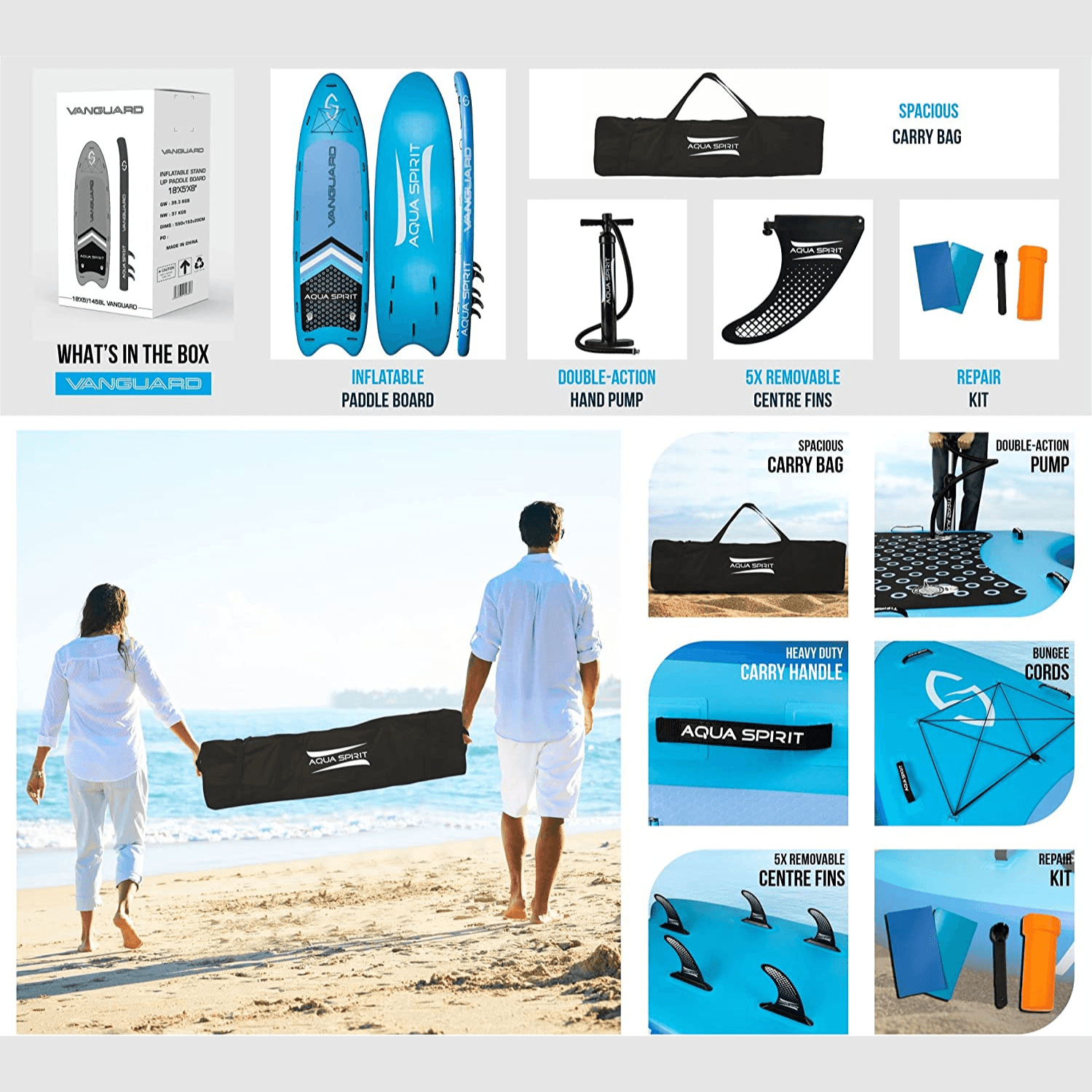 Aqua Spirit Vanguard Family Inflatable SUP for Group Adventures, 18' x 5’ x 8” with Carry Bag, Double-Action Pump and more accessories, Up To 10 Person, 500KG Limit, 1 Year Warranty - Aqua Spirit iSUPs UK